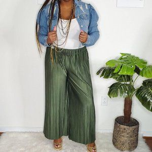 Women's Palazzo Trousers Plain Ladies Baggy Wide Leg Flared Pants Army Green